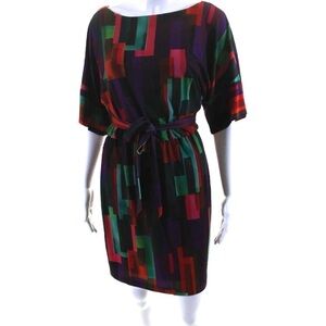 Trina Turk Designer Abstract Geometric Print Blouson Dress in Multi Jewel Tones